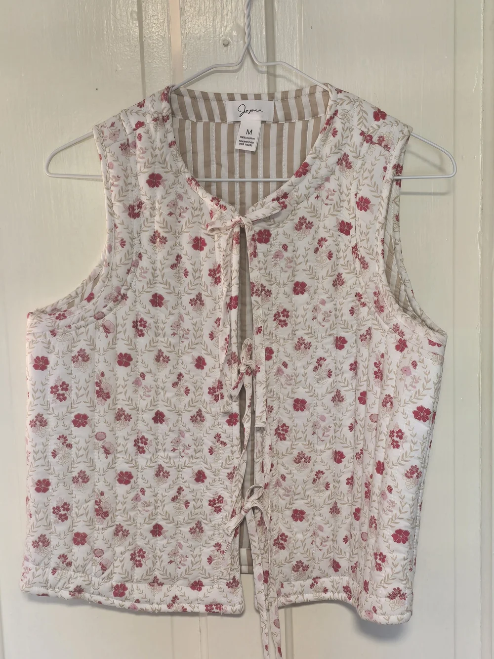 Japna Floral Tie-Front Sleeveless Vest - Cream, Dainty Pink Floral. 100% Cotton
